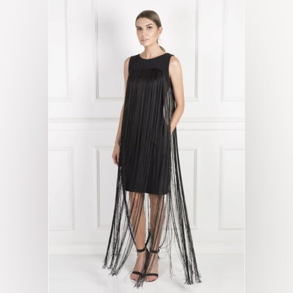 ALEXIS Designer Fringe Tassel Little Black Mini boho Dress Sleeveless Small